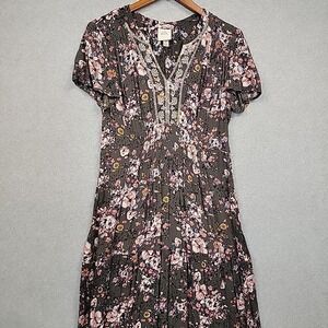 Knox Rose Maxi Dress Green Pink Floral V-Neck Embroidery Boho Cottagecore Sz M